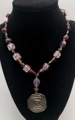 Vintage Purple Art Glass Beads Necklace Silver Pendent Choker Collar Bohemian