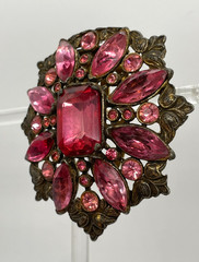 VTG Czech Art Deco Pink Rhinestone stamped Pot Metal filigree Dress Fur clip