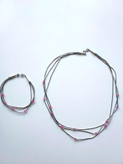Vintage Silver Necklace & Bracelet 1990’s Pink Crystals Beautiful! 9″ drop