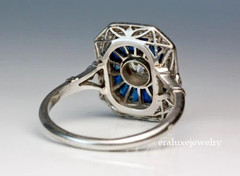 Art Deco Style Round Lab Created Diamond & Sapphire 14K Gold FN Engagement Ring
