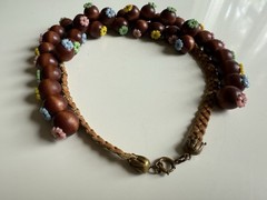 Vtg 1940s Miriam Haskell Style Wood Bead & Leather Cluster Necklace Flower Tips