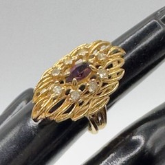 Vintage Cocktail Ring Modernist Dome Purple & Clear Crystals Size 5.5 18KGE