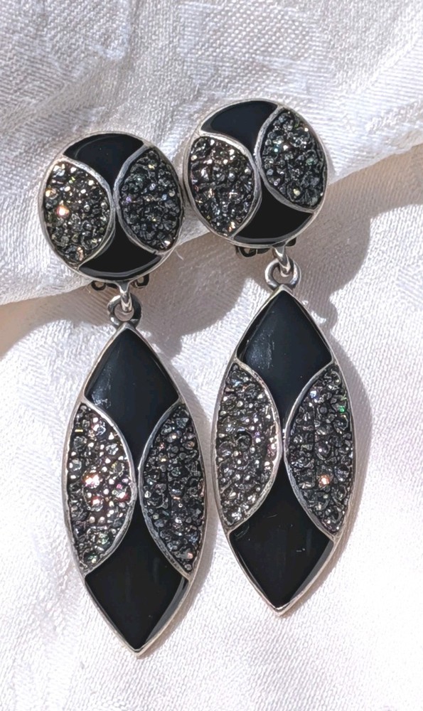 Vintage Bijoux NY Designs Black Enamel Marcasite Dangle Clip On Earrings 1980s