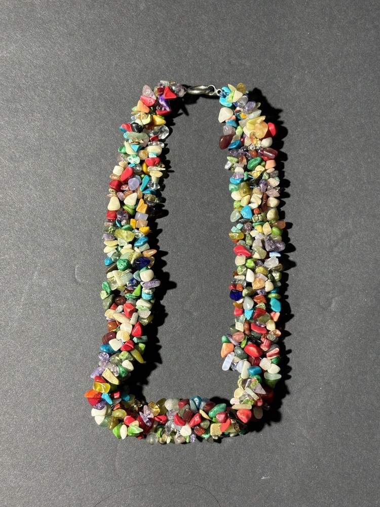 Vintage Hand Knotted Multi Gemstone 3 Strand Chip Bead Necklace 18”