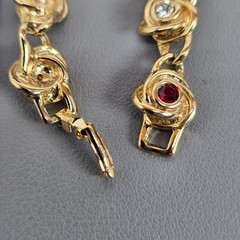 Vintage Gold-Tone Floral Bracelet W/ Whiter/Red Austrian Crystals & Original Box