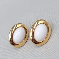 Vintage Napier Clip on Earrings Gold Plated White Cabochon 1 1/8″
