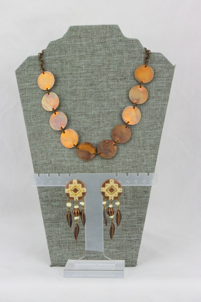 Copper Disc Necklace & Feather/Shield Enameled Copper Earrings LOT