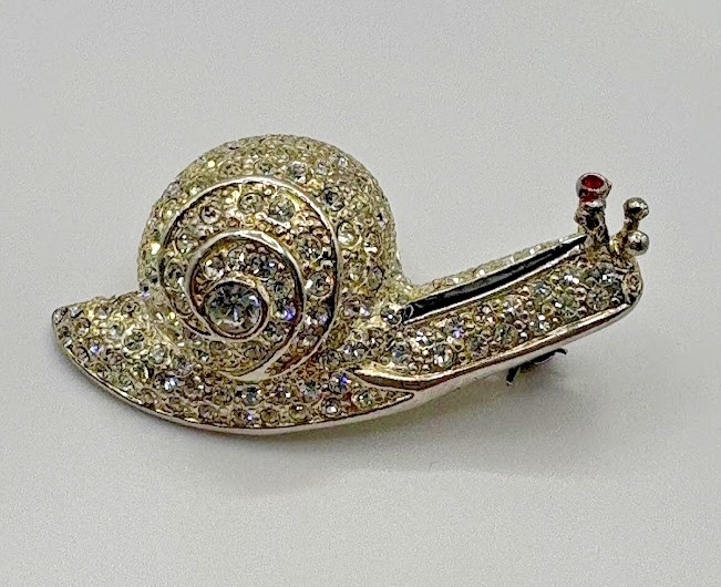Vintage 1980s Signed ROMAN AUSTRIAN CRYSTALS Silver Tone Snail Brooch Pin