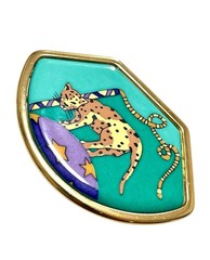 Vintage HERMÈS Cloisonné Enamel Fan-Shaped Brooch with Spotted Panther/Cheetah