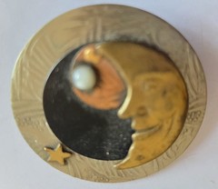 Vintage Mixed Metal Man in the Moon Brooch Brass Copper Mother of Pearl