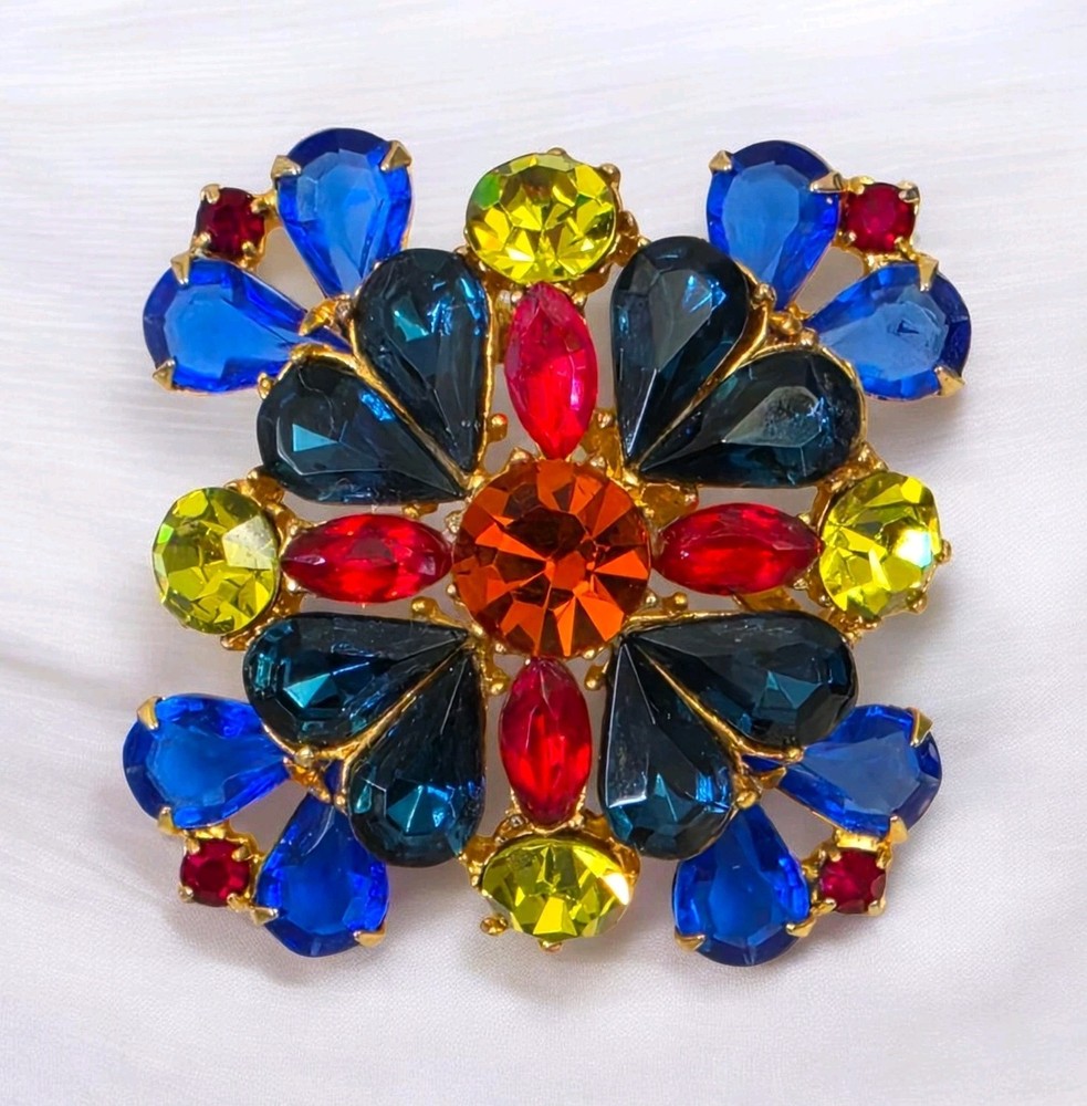 Vintage Signed Edlee Maltese Cross Brooch Multicolor Rhinestones Statement