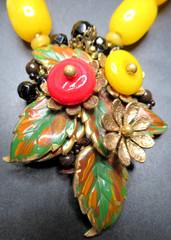 MIRIAM HASKELL RARE Enamel Leaves Glass Bead Necklace Brooch Set BOOK PIECE!