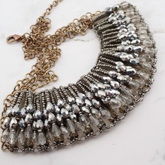VTG 1 3/4″ Wide Crystal Seed Bead Tubular Bib Reversible Copper Tone 18″ Necklac