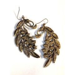 Vintage Bronze Leaf Hook Earrings Marcasite Stones- Boho Chic Statement Jewelry