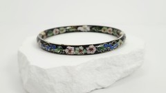Vintage Chinese Black Cloisonné Enamel Bangle Bracelet Floral Hinged Gilt Brass