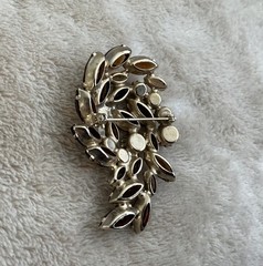 Vintage Brooch Amber Tones Navette AB Rhinestone Pin Layered Leaf Design 2.5 in.