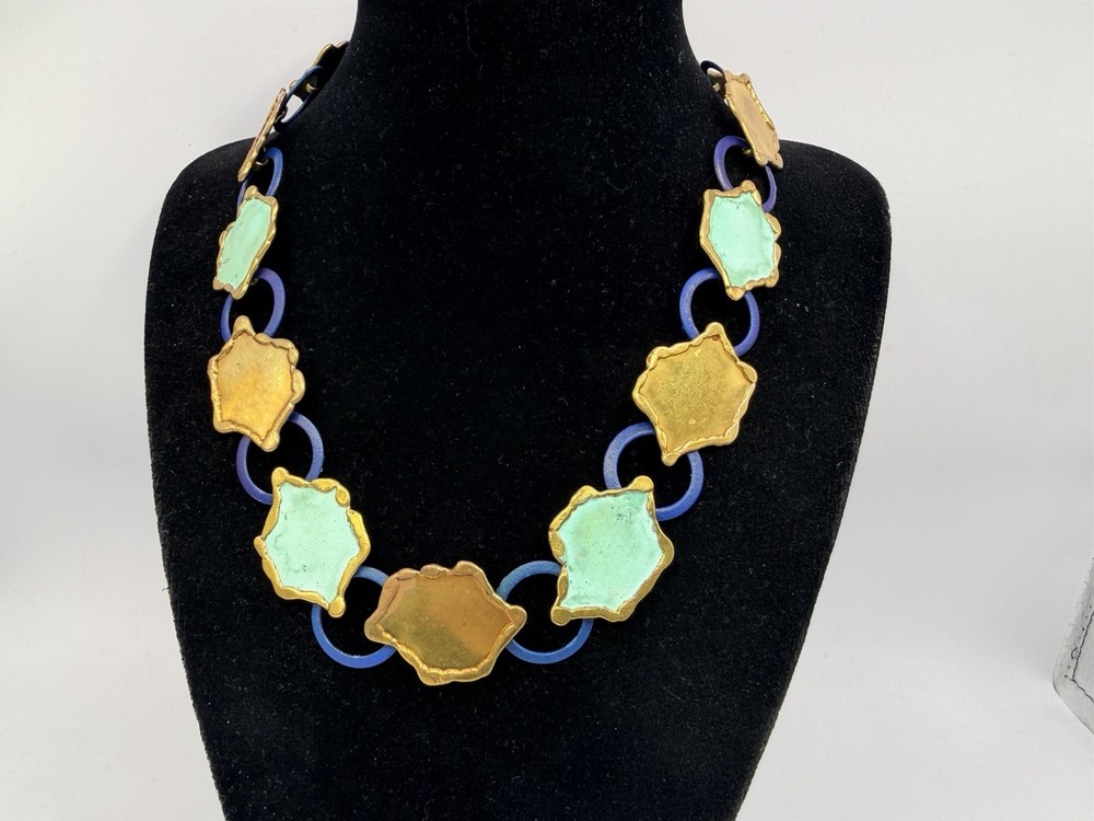 Vintage Artisan Brass Blue Green OOAK Collar Necklace Brutalist 16” DbG A