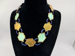 Vintage Artisan Brass Blue Green OOAK Collar Necklace Brutalist 16” DbG A