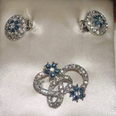 Vintage Blue/White Rhinestone Flower Brooch and Earrings