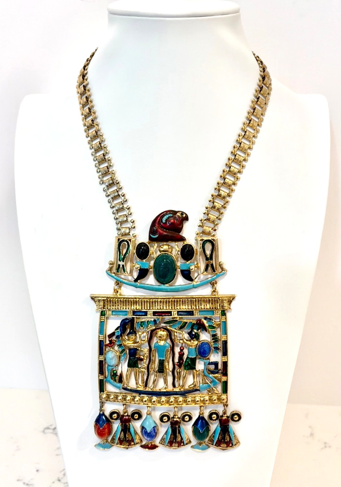 Vintage Diorios Egyptian Revival Statement Necklace Scarabs Gold Tone & Enamel