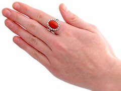 7.36 Ct Red Coral 0.80 Ct Diamond 18k White Gold Cocktail Ring Circa 1970