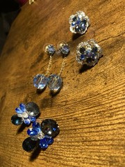 Vintage Blue Crystal Earrings Lot 3 Pairs Cluster Dangle Flower Retro Jewelry