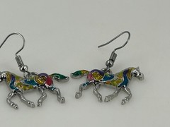 Colorful Enamel Horse Dangle Earrings Silver Tone Metal Equestrian Jewelry