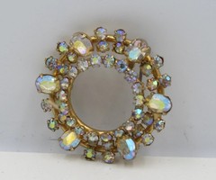 Vintage Crystal AB Rhinestone Wreath Circle Brooch Gold Tone A3