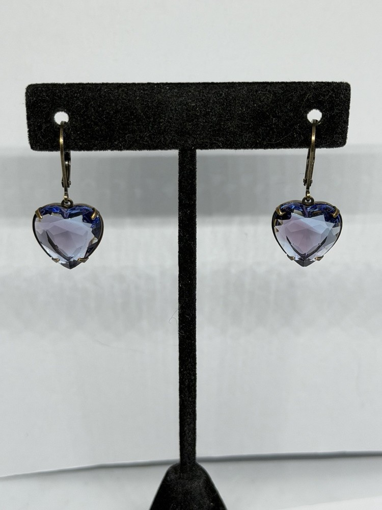 Vintage Upcycled Bi Color Blue & Amethyst Heart Shaped Glass Leverback Earrings
