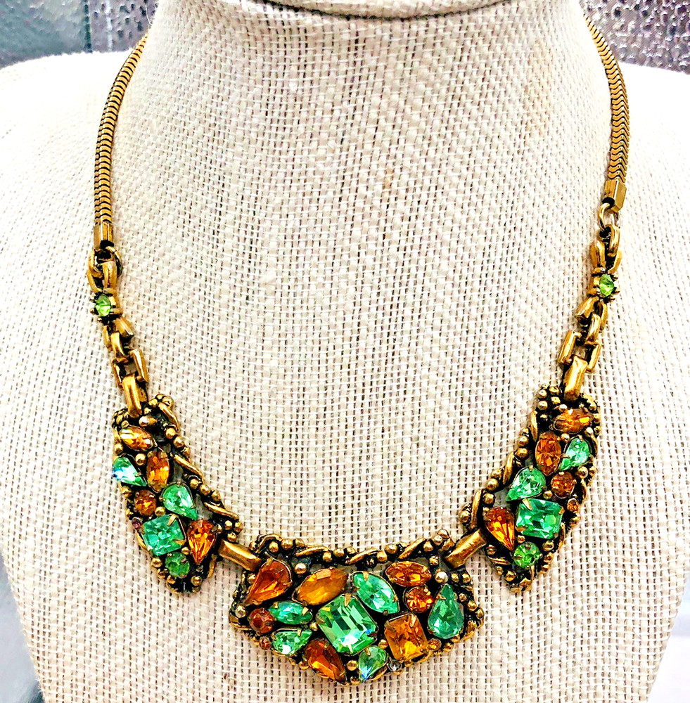 Vintage BARCLAY Gold tone Necklace w Pink, Blue Rhinestones