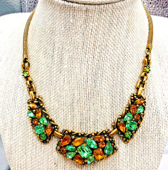 Vintage BARCLAY Gold tone Necklace w Pink, Blue Rhinestones