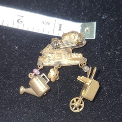 Vintage Cottage Garden Brooch with Wheelbarrow Rose Watering Can Charms