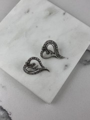 Vintage 925 Sterling Silver Deco Marcasite Heart Stud Earrings