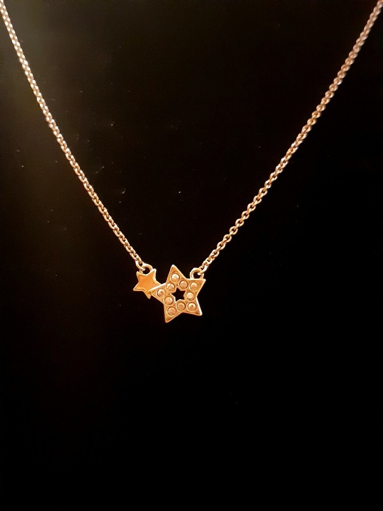 Signed & Goldtone Double Star And Rhinestone & Necklace. 18″ adjustable length