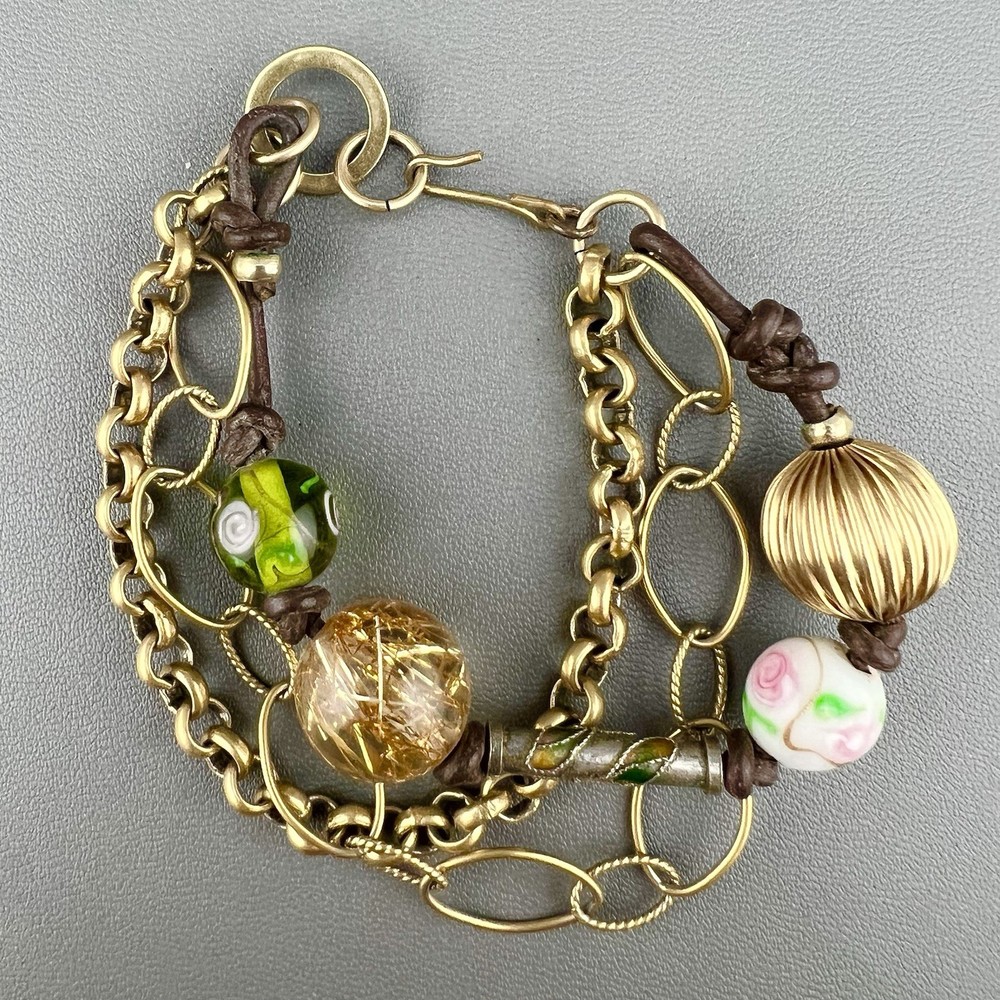 Vintage Chunky Bracelet Art Glass Wedding Cake Multi Chain Leather Gold Tone 6.5