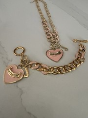 VINTAGE Y2K JUICY COUTURE GOLD TONE ENAMELED PEACH HEART NECKLACE & BRACELET