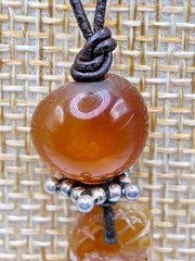 21st & Stone Carved Old Jade Carnelian Bead Leather Cord Silver Accents Necklace