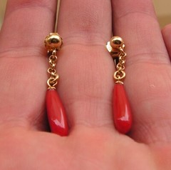 Earrings coral red genuine untreated blood of ox gold Italy drop heart