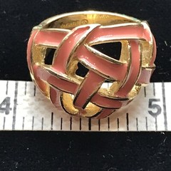 Vintage Signed 18K HGE Gold Plated Coral Enamel Basket Weave Ring varied sizes