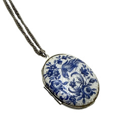 Vintage Guilloche Locket Blue White Enamel Bird of Paradise Floral 24″