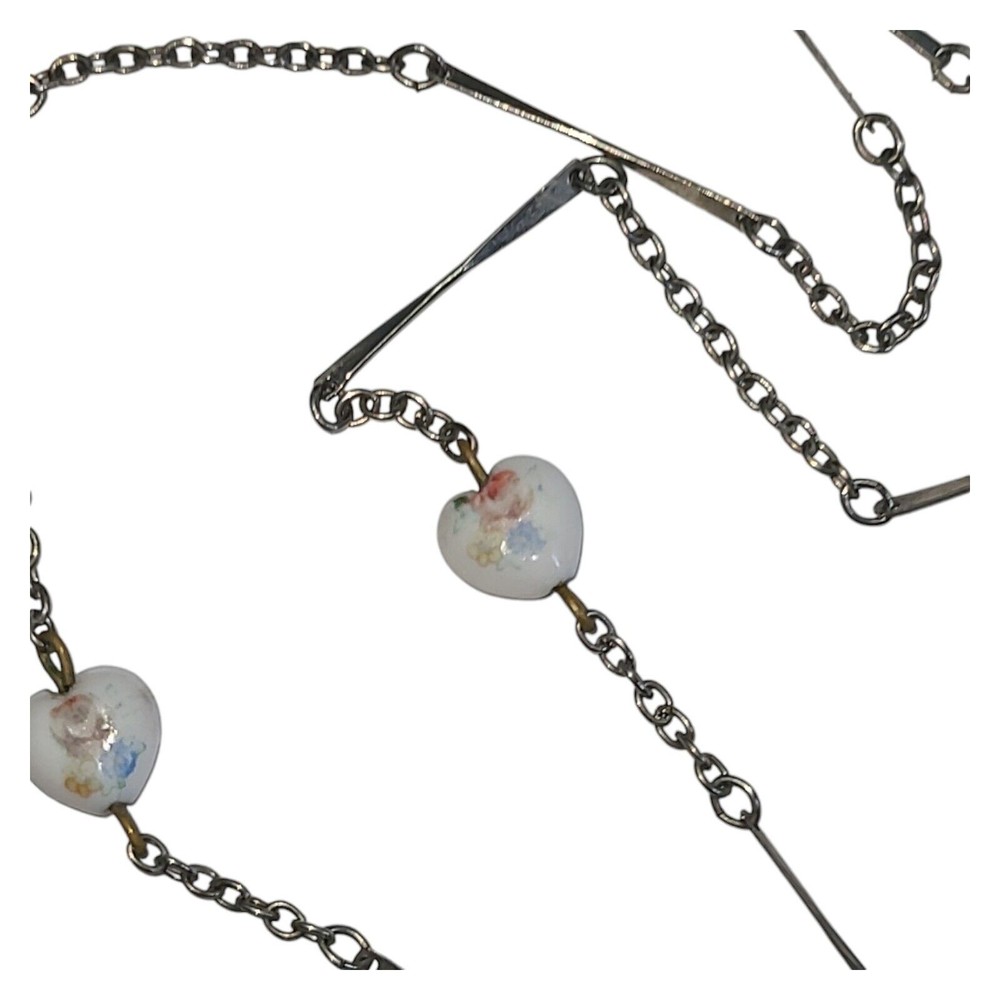 Vintage silver tone Bar Link Chain White Ceramic Hearts Station Necklace 17″