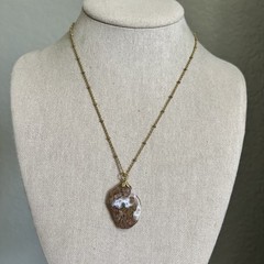 Vintage Polished Moss Agate Stone Pendant Necklace Gold Tone Beaded Chain Boho