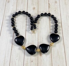 14k Yellow Gold Black Onyx Hearts Necklace Beaded 15.5 inches Vintage