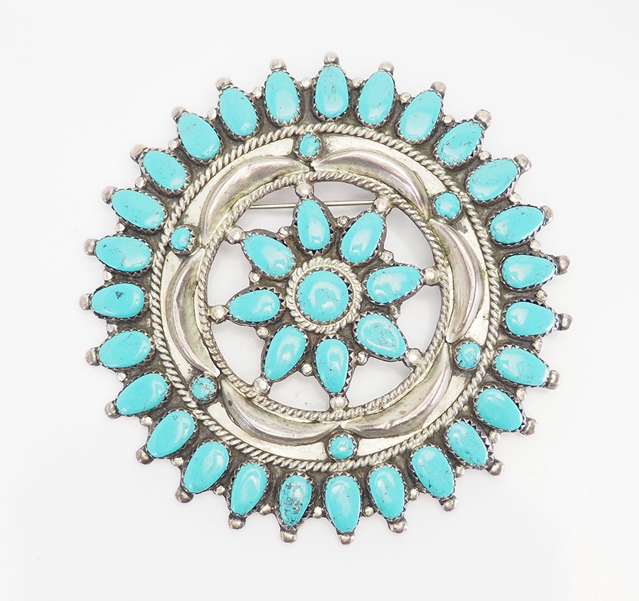 Stunning large Navajo sterling silver turquoise brooch pendant Larry Moses Begay