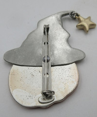 VTG AJMC GLITTER PUMPKIN WITCH RHINESTN STAR BROOCH Pin Orange black Silver Tone