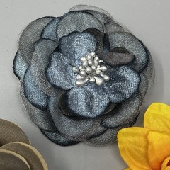 Vintage Silk Flower Brooch Pin Set of 3 Brown Yellow Blue Layered Large Retro
