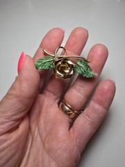 Vintage Krementz Rose and Green Leaf Pin-Brooch 2 inches wide