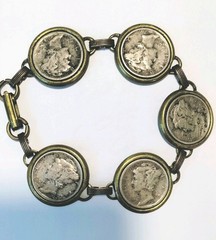 Vintage Mercury Dime 5 Coin Bracelet 90% Silver Encased In Brass 1926 to 1943