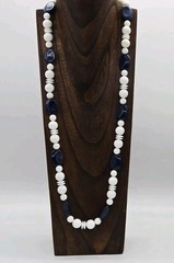 Geometric Beaded Necklace White Blue Asymmetrical shapes Silver tone 33 in