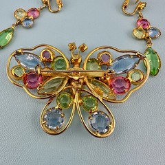 Vintage Butterfly Brooch Earrings Set Open Back Crystal Pastel Pink Green Blue